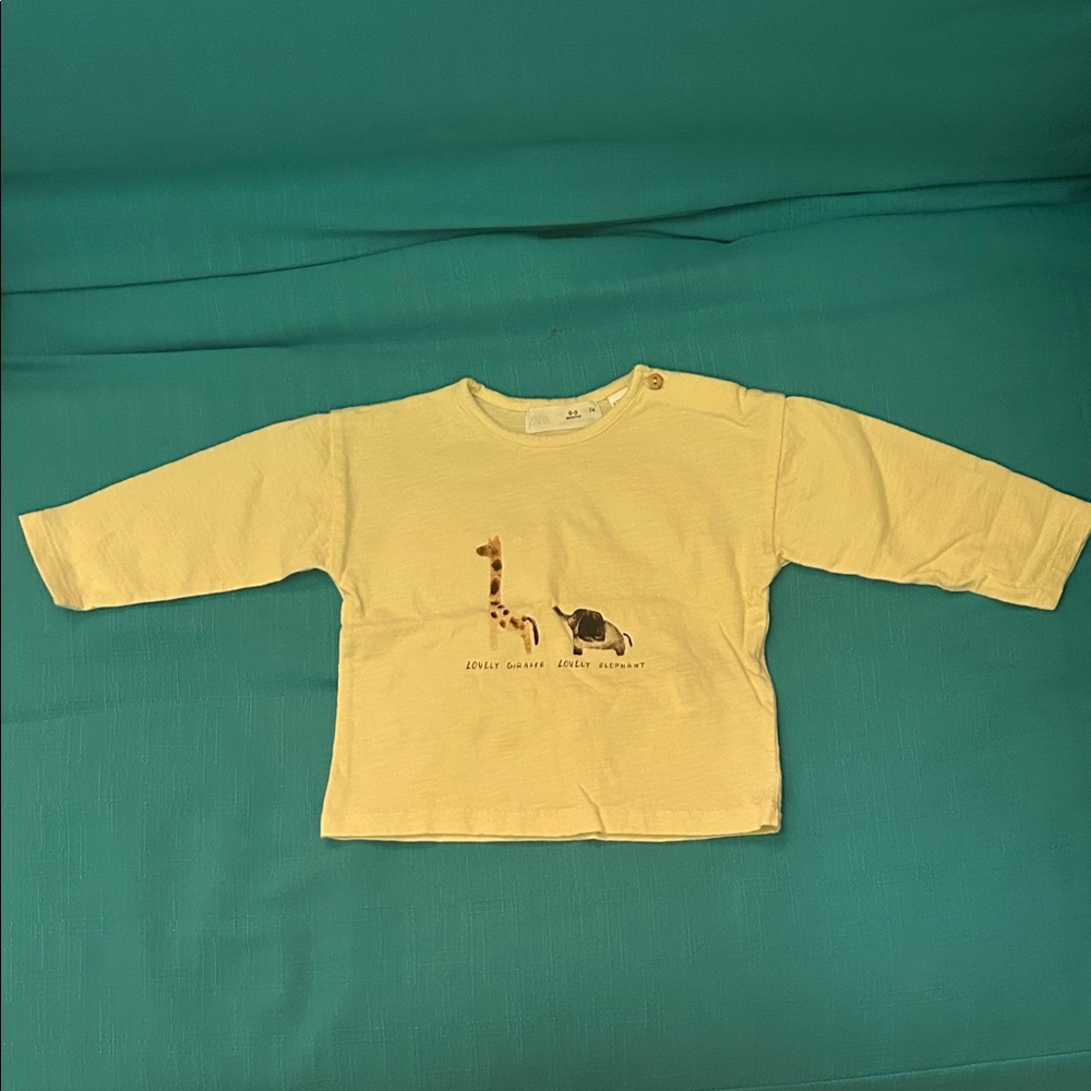 Zara Yellow Long Sleeve Kids Tee with Giraffe and Elephant Print